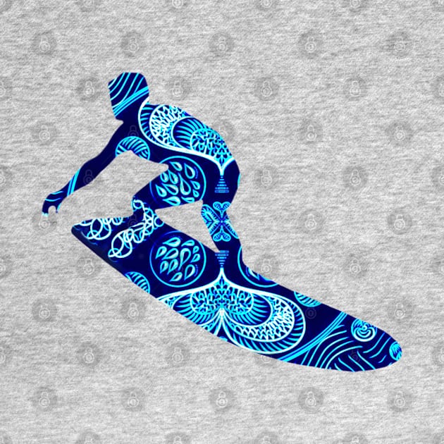 DYNAMIC SURFER DUDE MANDALA, ZENTANGLE DESIGN, BLUE SURFBOARD by danitacreate